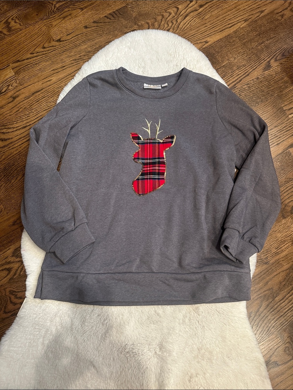 NWOT Kim Gravel Gray Sweatshirt with Red Plaid Reindeer Applique
